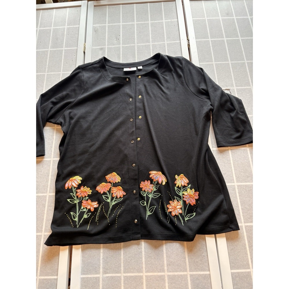 The Quacker Factory Black Cardigan Women Sz XL Knit Embroidered Art To Wear Boho